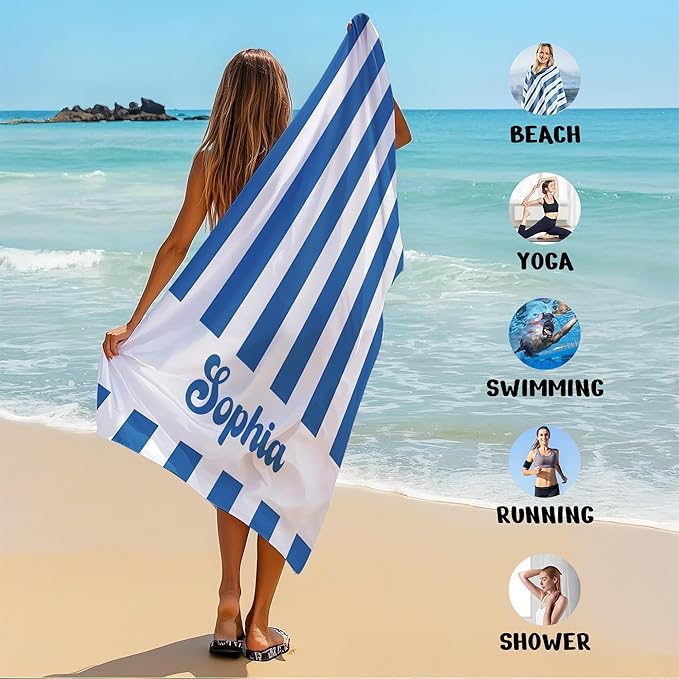 JML Personalized Beach Towel with Name, Custom Cabana Stripe Beach Towel, Customized Microfiber Pool Towel, Quick Dry & Absorbent Swim Towel for Adult,Mother's Day, Birthday, Summer Holiday,Vacation