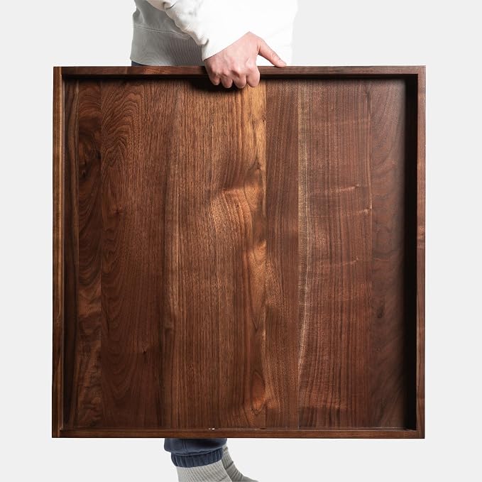 26 x 26 inches Large Square Solid Black Walnut Wooden Serving Tray Oversized Ottoman Table Platter Decorative Tray with Handle for Home Breakfast in Bed Tea Coffee