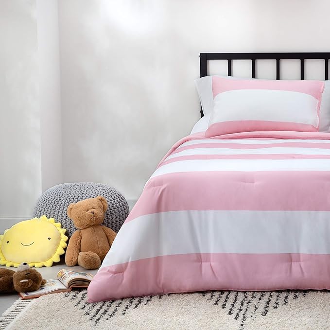 Linenspa All Season Hypoallergenic Down Alternative Microfiber Comforter, Twin XL, Pink/White, Twin XL Size, Dorm Room Essentials