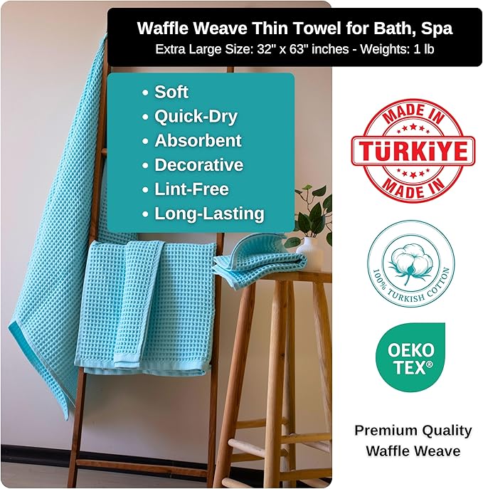 PÜSKÜL Pack of 2 Waffle Bath & Spa Towels - Premium 100% Turkish Organic Cotton - Quick Dry Thin Bath Towel for Bathroom - Made in Turkey (Turquoise, 32x63 inch)