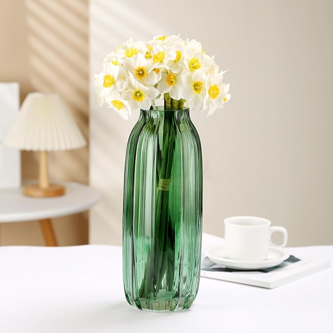 Green Glass Vase for Flowers Bud Tall Glass Vases,H-12.0" Simple Striped Design for Home Floor Decor,Farmhouse Decor, Centerpiece Coffee Table Decorations (Green 12.0IN)