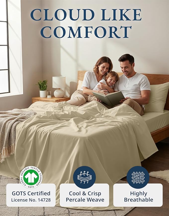 LANE LINEN 100% Organic Cotton Bed Sheets King Size, Fully Elasticized Reinforsed Seams in Fitted Pocket, Machine Washable Naturally Cooling All Season King Sheet Deep Pocket Bedding- Linen
