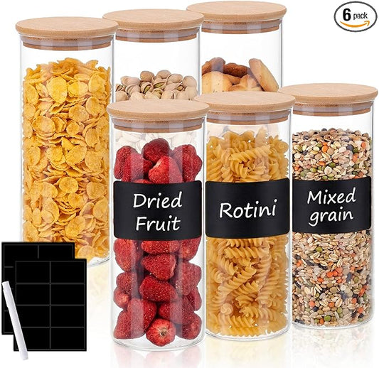 TOMNK 6pcs Glass Food Storage Jars, Kitchen Containers with Airtight Bamboo Wooden Lids for Pasta, Cookies, Nuts, Coffee Beans.