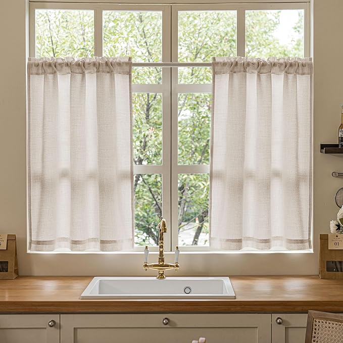 36 Inch Bathroom Window Curtain Privacy Semi Sheer Light Filtering Curtains Linen Light Coffee Tan Beige Non See Through Curtains for Bedroom Laundry RV Rod Pocket W34xL36
