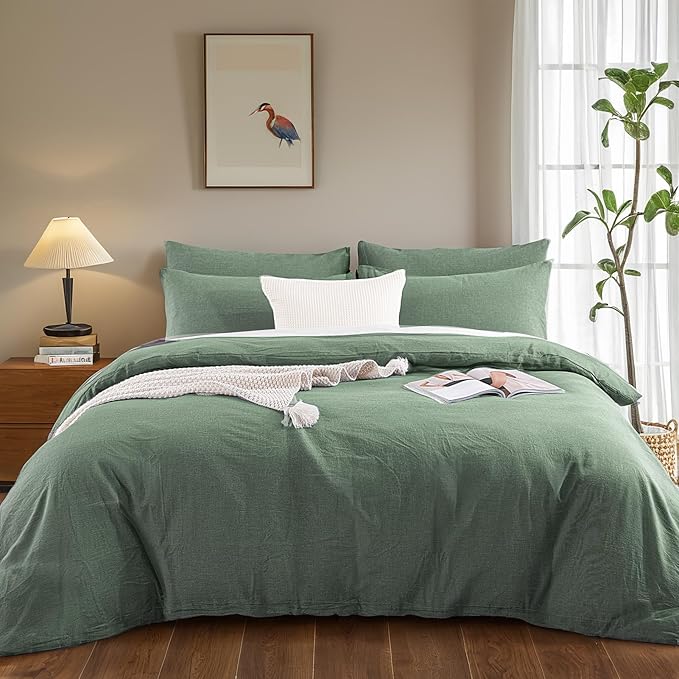 NEXHOME PRO Duvet Cover Queen 100% Washed Cotton, Organic Natural Linen Like Textured, Breathable, Durable, Home Bedding Set, Heathered Green 9090