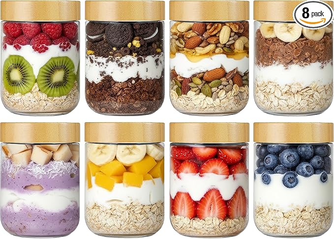 Vtopmart 8 Pack 16oz Glass Overnight Oats Containers with Bamboo Lids, Portable Wide Mouth Glass Jars Leak Proof, Reusable Glass Food Storage Containers for Yogurt Chia Pudding Salad Pickling Snacks