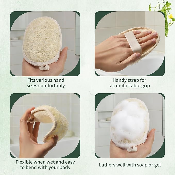 SAMEBUTECO 4 Pack Natural Loofah Exfoliating Body Scrubber Pads,Large Size 6.3x4.3 Inch Shower Loofah Sponges with Elastic Strap & Hanging Loop, Bath Scrubber for Adults