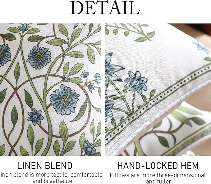 ISAENNE Design Fresh Linen Square Throw Pillow Covers 18"x18" Pack of 2, French White Cottage Cushion Covers with Blue Floral Branches Pattern Decor Pillowcases for Bed,Living Room,Outdoor,Car