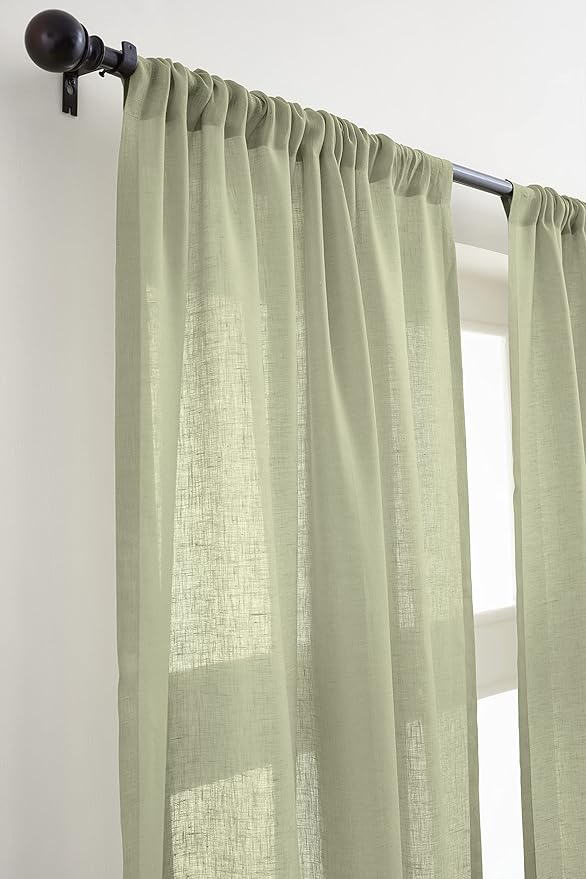 Solino Home Sage Green Sheer Curtain 132 Inches Long - 100% Pure Linen European Flax Window Treatment Panel 52 x 132 Inch - Light Filtering Rod Pocket Curtain for Living Room, Bedroom - 1 Panel