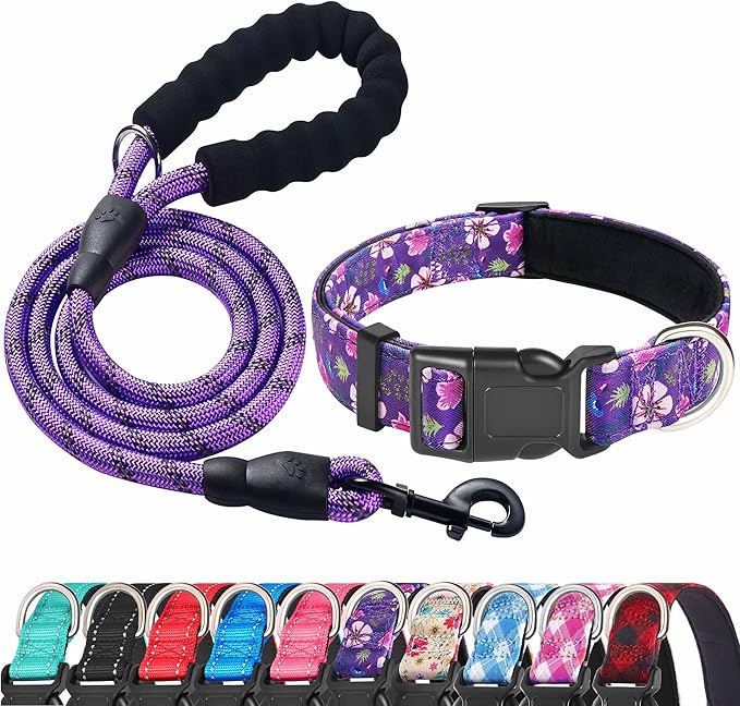 Ladoogo Reflective Dog Collar Padded with Soft Neoprene Breathable Adjustable Nylon Dog Collars for Small Medium Large Dogs (Large (Pack of 1), Purple/Pink Floral Collar+Leash)