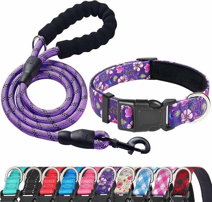 Ladoogo Reflective Dog Collar Padded with Soft Neoprene Breathable Adjustable Nylon Dog Collars for Small Medium Large Dogs (Medium (Pack of 1), Purple/Pink Floral Collar+Leash)