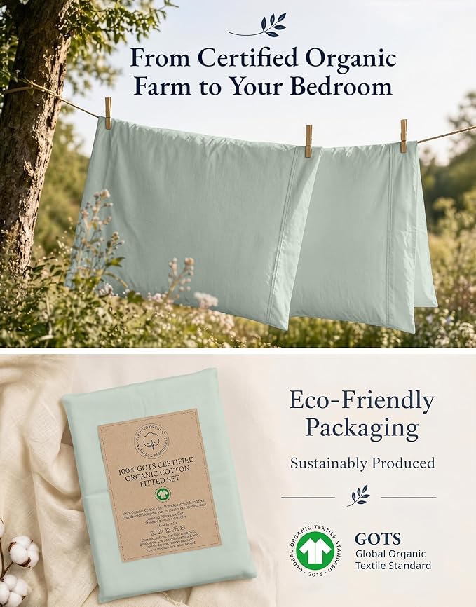 LANE LINEN King Fitted Sheet, 100% Organic Cotton, 3-Piece Set (1 Fitted Sheet,2 Pillowcases), Percale Weave, Ultra Soft, Breathable,Fits Mattress Upto 15" Deep - Cool Blue(No Flat Sheet)