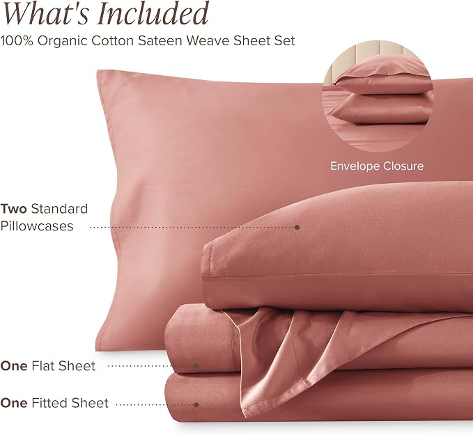 Bare Home 100% Organic Cotton Queen Sheet Set - 400 Thread Count - Smooth Sateen Weave - Breathable & Cooling - Hotel Luxury Set - Deep Pocket Bed Sheets (Queen, Dusty Rose)