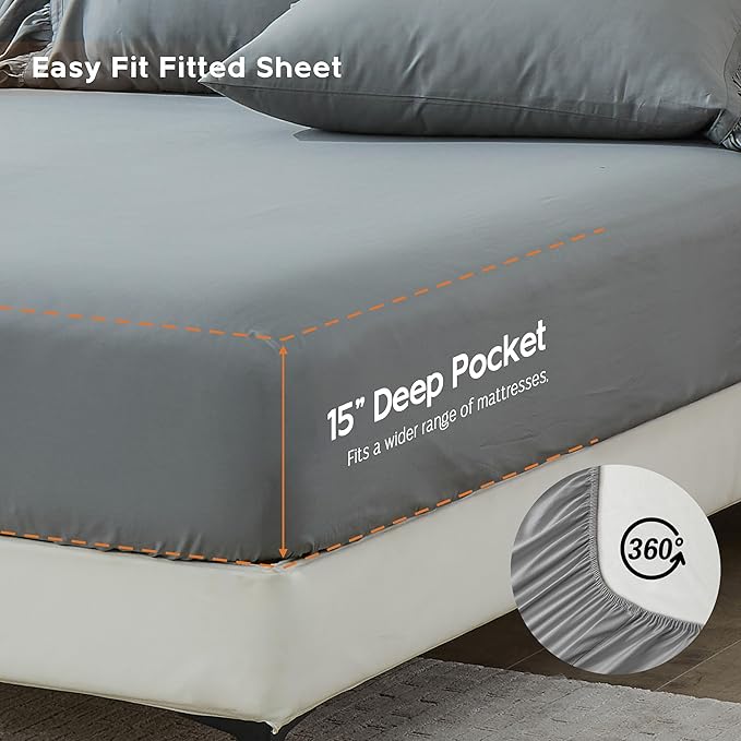 Simple&Opulence 100% Organic Cotton Sheet Set, Long Ruffle Bed Sheets (1 Flat Sheet, 1 Fitted Sheet and 2 Pillowcases) Elegant Shabby Chic Bedding Farmhouse Charming Vintage - Grey, King