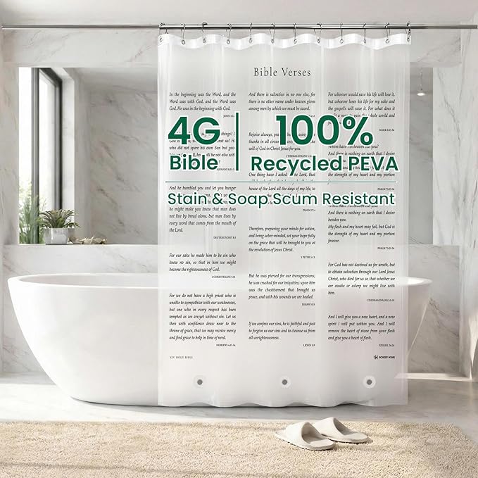 Bowery Home Eco-Friendly Recycled PEVA Shower Curtain Liner – Waterproof, Sustainable, Non-Toxic Shower Curtain Liner, NOT Made in China - 72x72in, 4G – NIV Holy Bible Verses