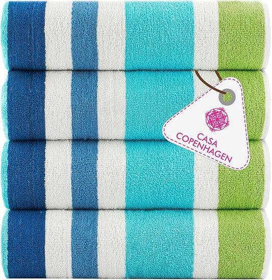 CASA COPENHAGEN Monaco Beach Towels Designed in Denmark Rough and Tough, Quick Dry, for Pool, Bath & Shower 30x60 inches 4 Pieces Cotton Beach Bath Towels Set - Rainbow Green