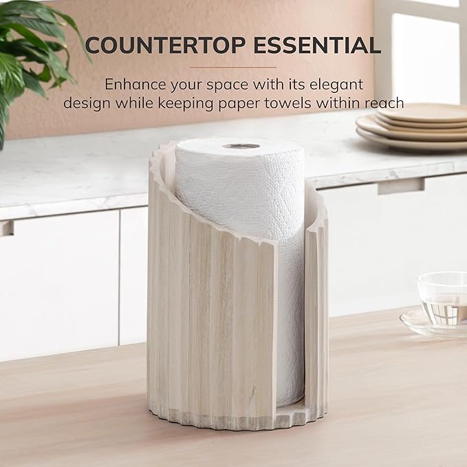 Anji Mountain Wooden Paper Towel Holder Countertop with Mango Wood Round Base and Iron Holder, Holder Stand for Kitchen Roll Organizer & Kitchen Dining Table Home Decor - Whitewash/Nickel, Fluted