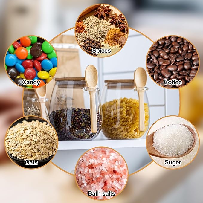 Airtight Glass Food Storage Jars with Bamboo Lid and Spoon - Wide Mouth Leak Proof Kitchen Canisters for Coffee Beans,Tea Leaves,Cereal,Flour,Nuts,and Pantry Organization (26oz 2PCS)