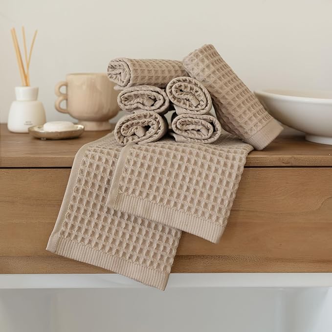 Waffle Washcloths Set of 8 Brown - Premium Quality 100% Turkish Cotton Face Washcloth, Soft Makeup Towel, Shower Cloth, Kitchen Towel (Brown, Set of 8 Washcloths)