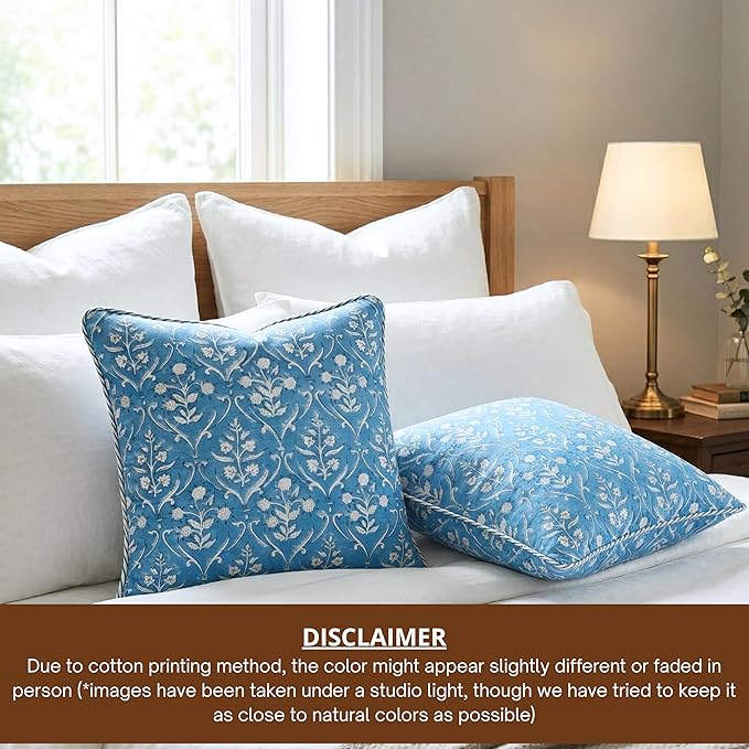 ATOSII Block Print Throw Pillow Covers, 18 X 18 - Set of 2, Decorative Couch Pillows for Living Room Bed Sofa, 100% Cotton Canvas Pillow Case for Home Decor & Outdoors, Preppy Throws - Maya Blue