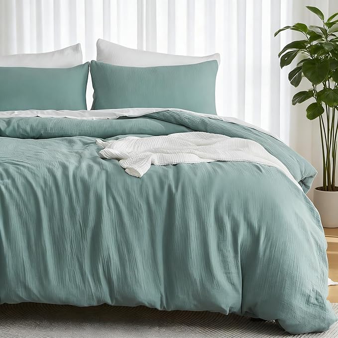 EMME Muslin Cotton Duvet Cover Set Teal Queen Size Linen Like Soft Breathable Lightweight Summer Comforter Cover Set with Zipper Closure (Teal, Queen, 90"x90")