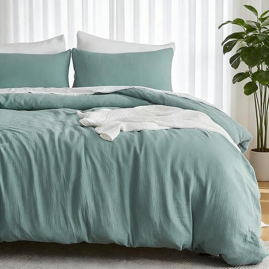 EMME Muslin Cotton Duvet Cover Set Teal Queen Size Linen Like Soft Breathable Lightweight Summer Comforter Cover Set with Zipper Closure (Teal, Queen, 90"x90")