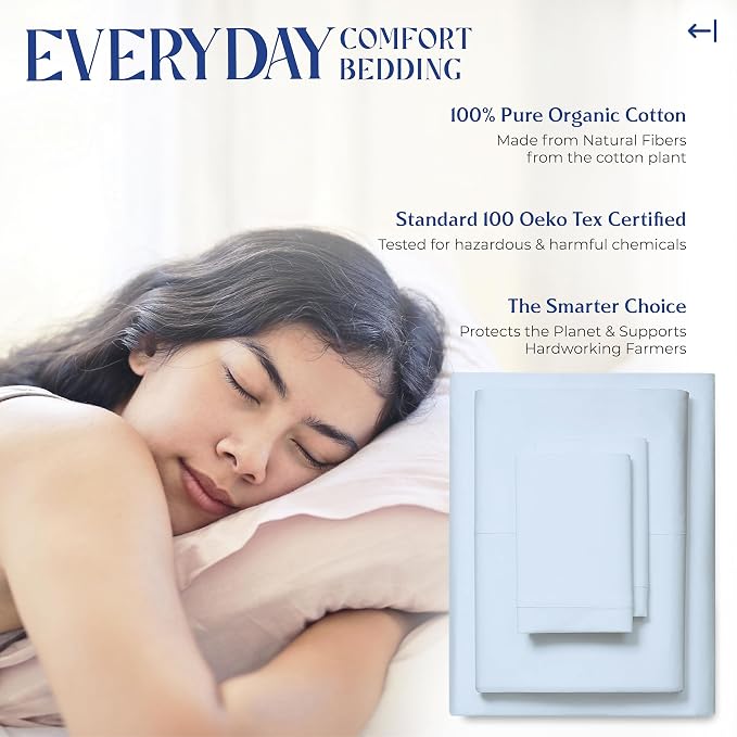Mayfair Linen 100% Organic Cotton Sheets Full Size - 4 PC Organic Cotton Full Size Percale Weave Sheet Set, Soft, Cooling, Crisp & Breathable, 16" Deep Pocket Hotel Quality Bedding Set - Light Blue