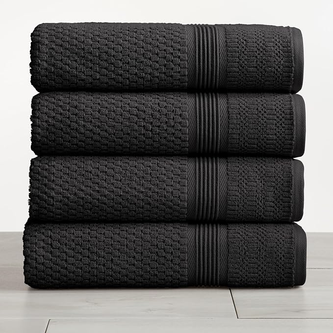 Market & Place 100% Cotton Waffle Weave Bath Towels Set of 4 – Soft, Quick-Dry, Lightweight, Textured Bathroom Towels – Black | Zoey Collection