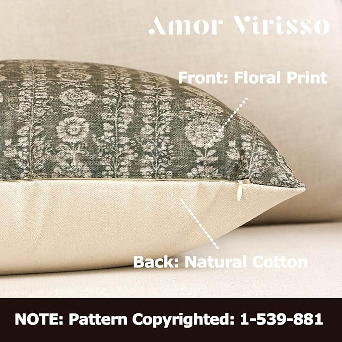 Amor Virisso Vintage Floral Throw Pillow Covers 20x20 Striped Farmhouse Block Print Pillow Cover Boho Neutral Decorative Pillows for Living Room Bed, Dusty Green