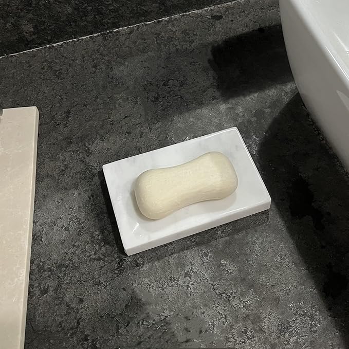 Natural Smooth Real Marble Soap Dish/Facial Sponge Holder/Bathroom Makeup Sponge Tray with Draining Hole (Volakas White)