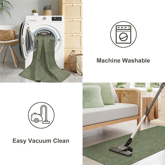 Uphome Kitchen Runner Rug, 2'6x12 Washable Boho Rug Runners for Hallways Non Slip, Low Pile Woven Cotton Modern Carpet Runners, Stain Resistant Bedroom Runner Rug for Hallway Entryway Entrance, Green