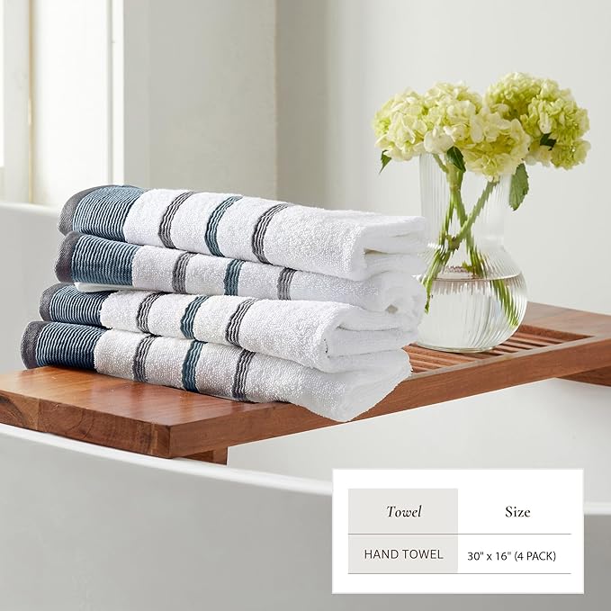 Great Bay Home Decorative Hand Towel Set - Cotton 4 Pack 26x16 Hand Towel Set - Durable Towels for Bathroom Decor (Blue/December Sky)