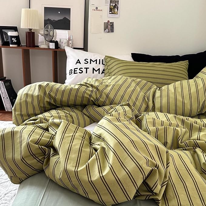mixinni Vintage Stripes Duvet Cover Set Twin XL - 3-Piece Mid-Century Cotton Olive & Taupe Striped Bedding, Soft Breathable All-Season Comforter Cover with Zipper Closure & Corner Ties-Twin XL Size
