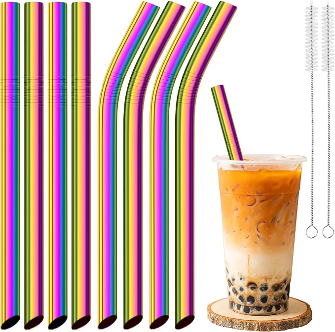 NiHome 8-Pack Stainless Steel Straws for Boba, Smoothie, 10.4” Metal Straws | 0.5'' Extra Wide Metal Reusable Straws, 4 Bent & 4 Straight Drinking Straw for Bubble Tea, Milkshake, 2 Brushes, Iridescent