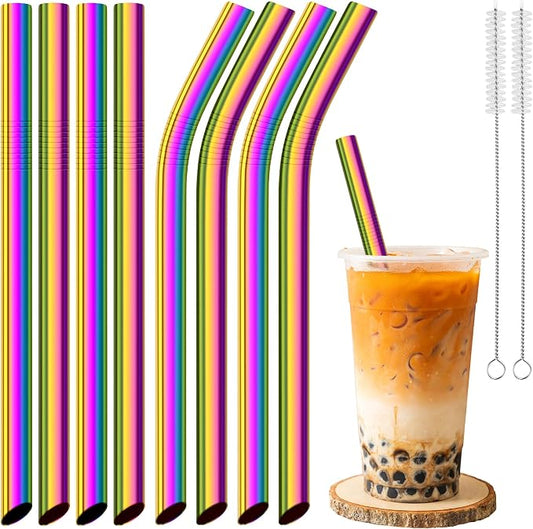 NiHome 8-Pack Stainless Steel Straws for Boba, Smoothie, 10.4” Metal Straws | 0.5'' Extra Wide Metal Reusable Straws, 4 Bent & 4 Straight Drinking Straw for Bubble Tea, Milkshake, 2 Brushes, Iridescent