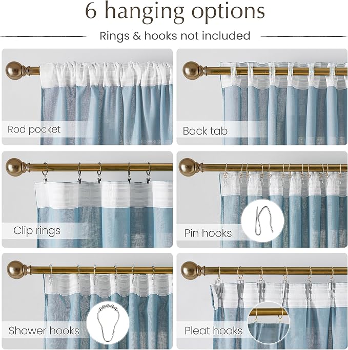 NICETOWN Semi Sheer Linen Stone Blue Farmhouse Curtains, Back Tab/Rod Pocket with Pleat Tape Privacy Added with Light Filtering Window Treatments for Bedroom, W52 x L95, 2 Panels