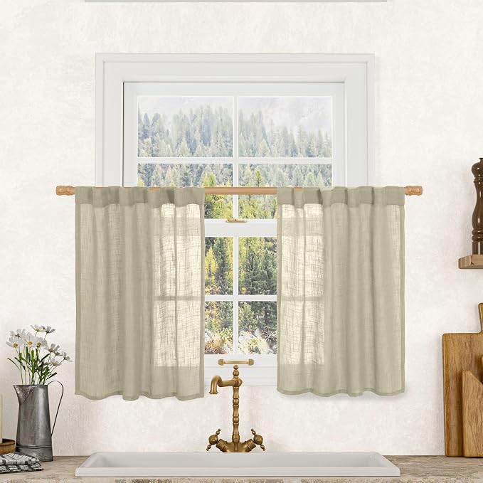 LAMIT 36 Inch Length Linen Curtains for Small Windows, Semi Sheer Light Filtering Panels Back Tab and Rod Pocket Country Decor Drapes for Basement/Kitchen, Oatmeal, 2 Panels, 34 x 36 Inch