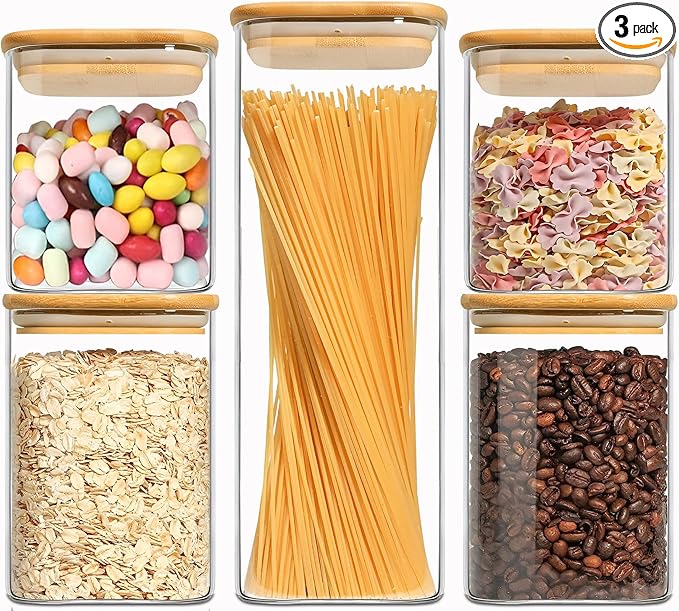 VIEWELLD Food Storage Containers with Airtight Bamboo Lids Set of 5, Glass Canisters with Airtight Lids, Glass Food Storage Containers for Pasta, Oats, Coffee, Flour, Sugar, Best for Kitchen, Square