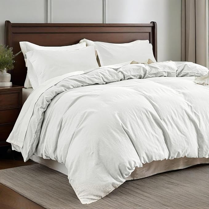 QKTE French Linen Duvet Cover Set, 3 PCS Natural French Flax White Duvet Cover King Size, Breathable Soft Comfy Linen Bedding Comforter Cover with 2 Pillowcases(White, 104" x 92")