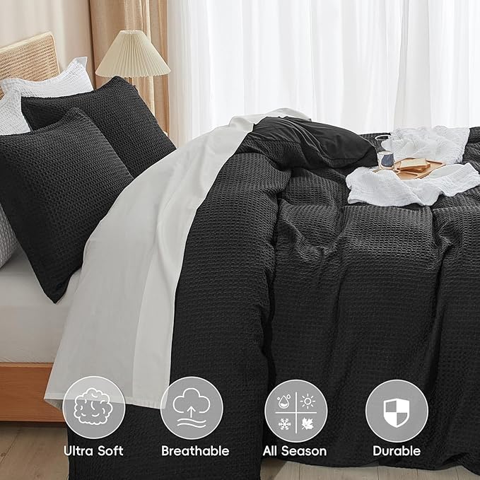 PHF Waffle Weave Duvet Cover Set Queen Size, No Snagging Ultra Soft Luxury Textured Breathable Comforter Cover for All Season 3pcs, Durable Bedding Duvet Set with 2 Pillow Shams, 90"x90", Black