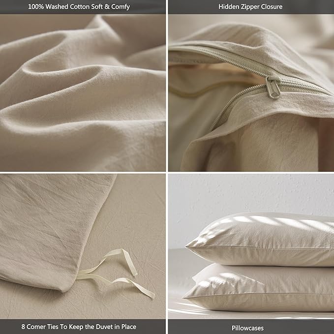 MooMee Queen Duvet Cover Set, 100% Washed Cotton Linen Like Twill Thick Sturdy Material Super Soft Breathable Durable Bedding for All Season, 3 Pieces (Tannish Linen LikeGrey, Queen 90"x90")