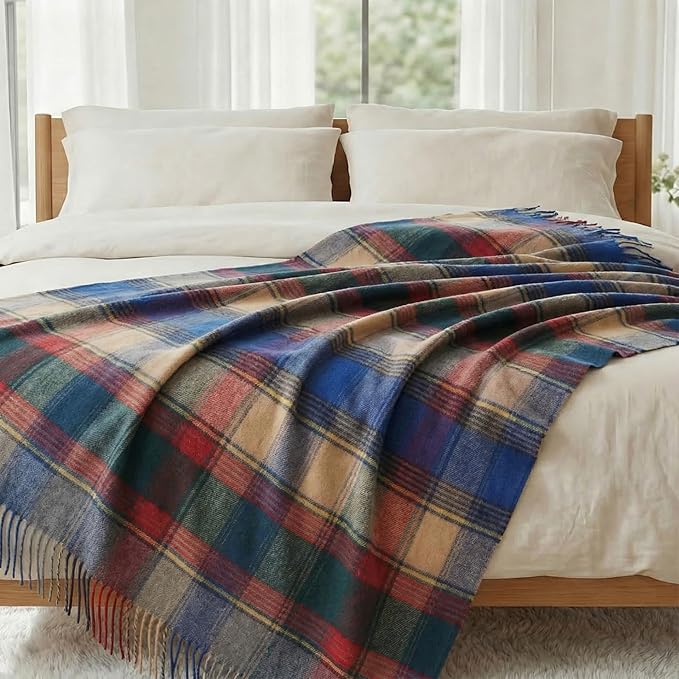 Soft Pure Wool Throw Blanket, Lightweight Warmth, 55"x83", Plaid, Fringe, Compact with Bag, Useful Gift for Women Men, All Season Decorative Cozy Travel Blanket for Couch Bed, Outdoors