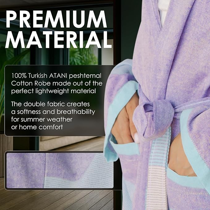 ATANI 100% Turkish Cotton Bathrobe S-XXL for Women & Men – Peshtemal Style Soft Cozy Lounge Robe, Absorbent & Lightweight