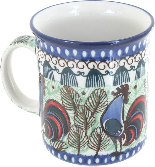 Blue Rose Polish Pottery - Blue Rooster Row Small Coffee Mug - 9 oz - Petite Mug for Tea & Coffee Drinkers