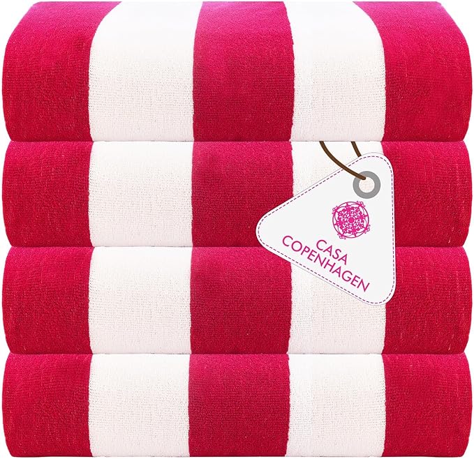 CASA COPENHAGEN Cabana Towel 4Pcs Rosy Designer Stripe Beach Towels Gift Set, 30"x60" Oversized 100% Cotton Pool Bath Towel for Beach Gift Set (Perfect Summer Gift Set for Women & Men)