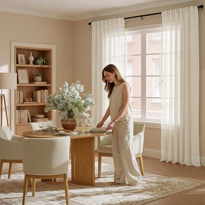NICETOWN Linen Burlap Semi Sheer 144 inch Extra Long Curtains for Living Room, Rod Pocket & Back Tab Privacy Drapes Light Filtering Window Treatments for Villa, W52 x L144, 2 Panels