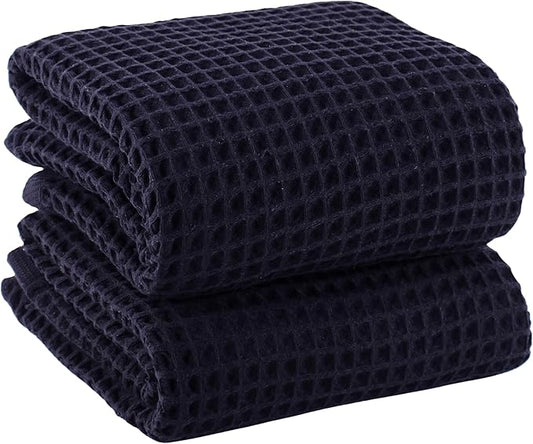 PÜSKÜL Natural 100% Turkish Cotton Black Waffle Bath Towels Set of 2-Piece | 32x63 Extra Large Absorbent Quick-Dry Lightweight Spa Towel | Decorative Bathroom Towel (Black Bath Towels - Pack of 2)