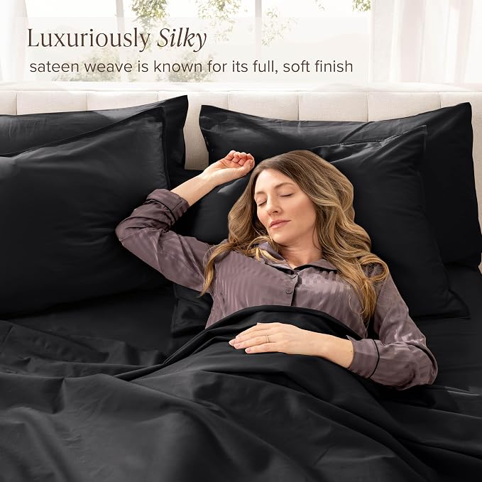 Bare Home 100% Organic Cotton Queen Sheet Set - 400 Thread Count - Smooth Sateen Weave - Breathable & Cooling - Hotel Luxury Set - Deep Pocket Bed Sheets (Queen, Black)