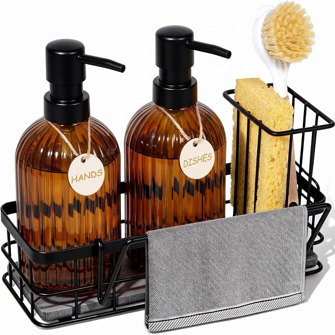 Kitchen Soap Dispenser Set, 14.4 oz/425 ml Hand and Dish Soap Dispenser Set, Dish Soap Dispenser with Sponge Holder & Diatomite Tray, for Countertop Organizer, Amber