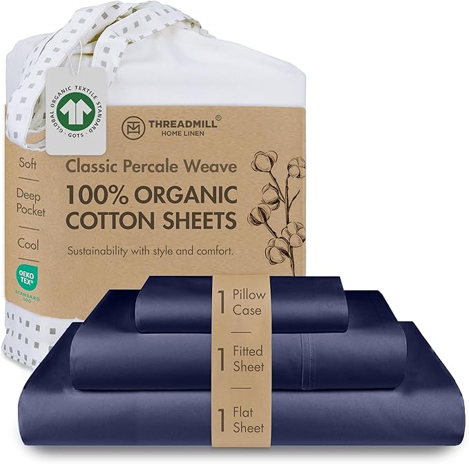 Threadmill Certified by GOTS Organic Cotton Sheets - Twin XL, 3 Piece, Folkstone Blue - Ultra Soft, Cooling and Breathable Bed Sheet Set - Lightweight and All-Round Elastic Deep Pocket